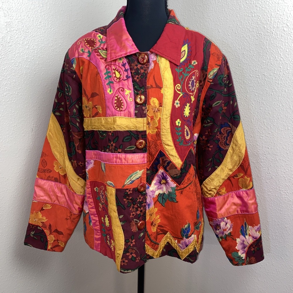 Vintage Coldwater Creek Jacket Women's Large Red Floral Paisley‎ Retro Patchwork